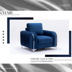 Poltrona d'accento in velluto blu con gambe con bordo cromato
