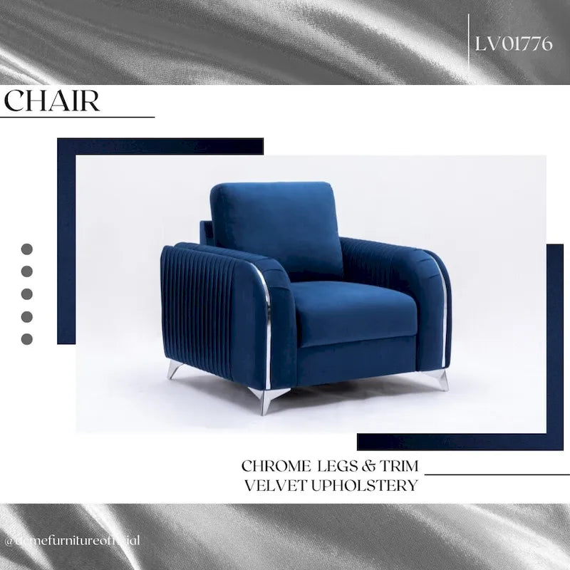 Poltrona d'accento in velluto blu con gambe con bordo cromato