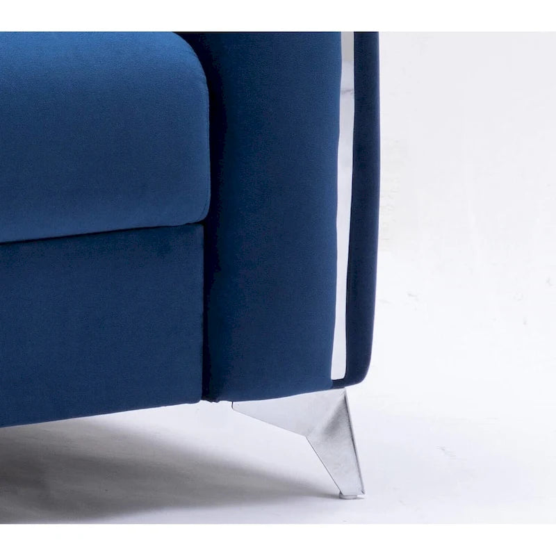 Poltrona d'accento in velluto blu con gambe con bordo cromato