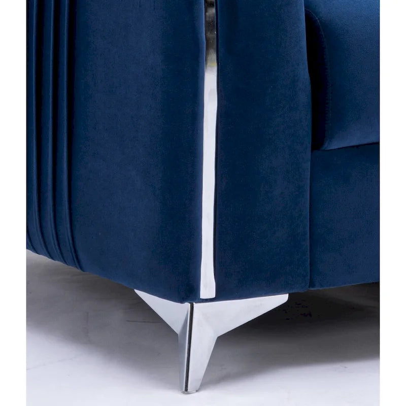 Poltrona d'accento in velluto blu con gambe con bordo cromato