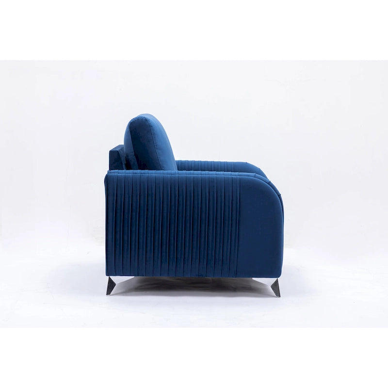 Poltrona d'accento in velluto blu con gambe con bordo cromato