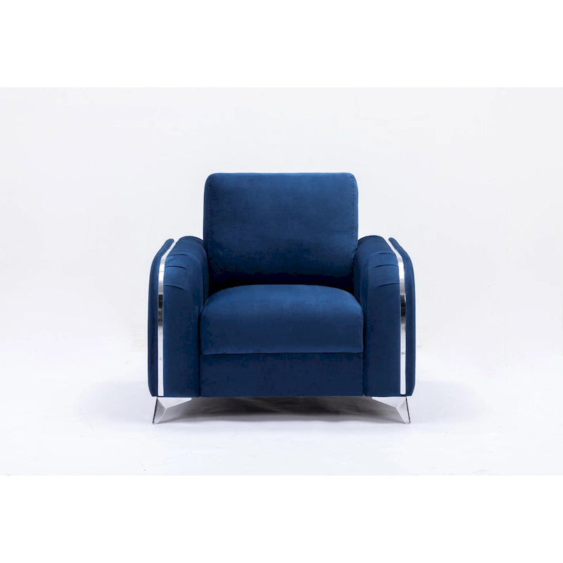 Poltrona d'accento in velluto blu con gambe con bordo cromato