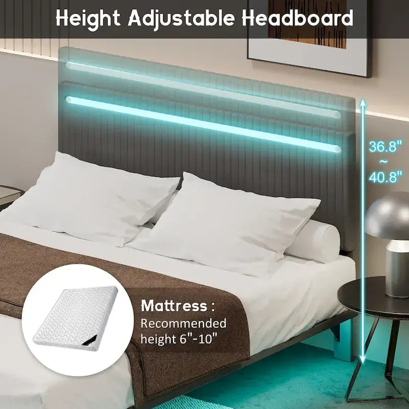Struttura letto a piattaforma flottante Full/Queen con rivestimento in velluto e testiera trapuntata a canali
