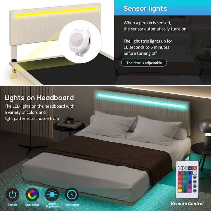 Struttura letto a piattaforma flottante Full/Queen con rivestimento in velluto e testiera trapuntata a canali