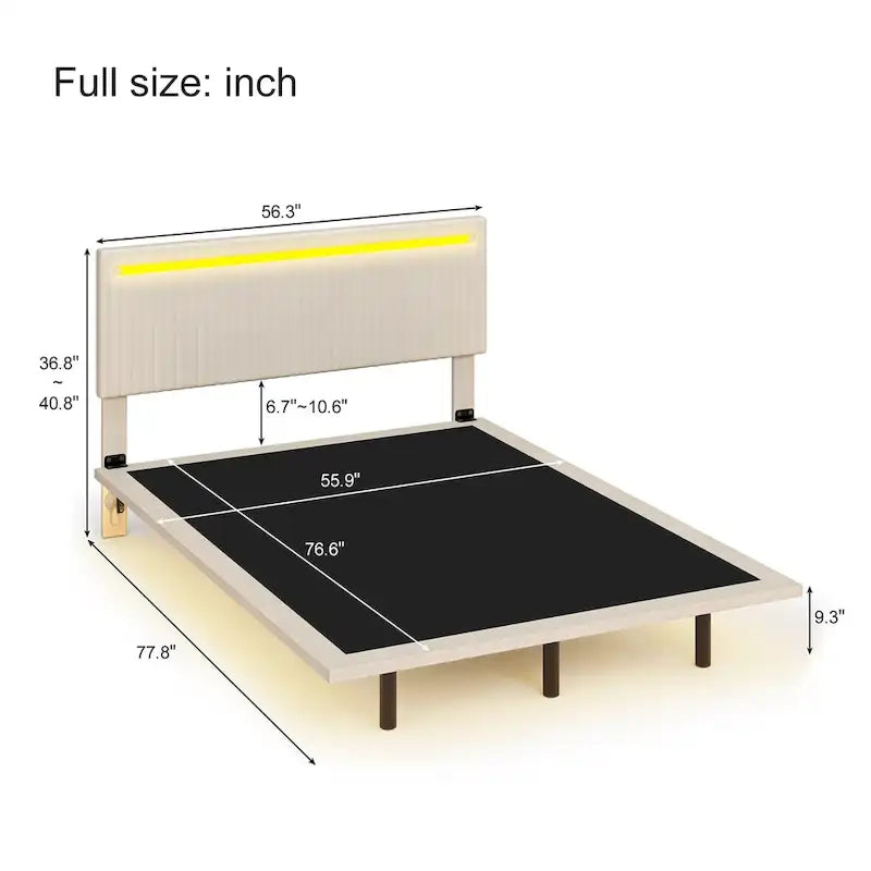 Struttura letto a piattaforma flottante Full/Queen con rivestimento in velluto e testiera trapuntata a canali