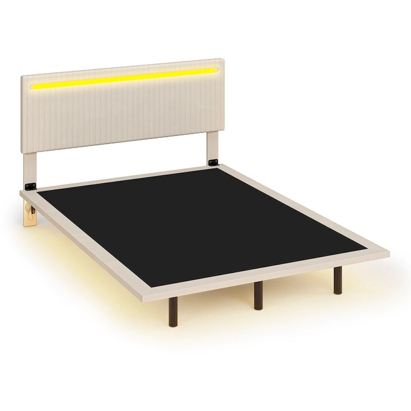 Struttura letto a piattaforma flottante Full/Queen con rivestimento in velluto e testiera trapuntata a canali