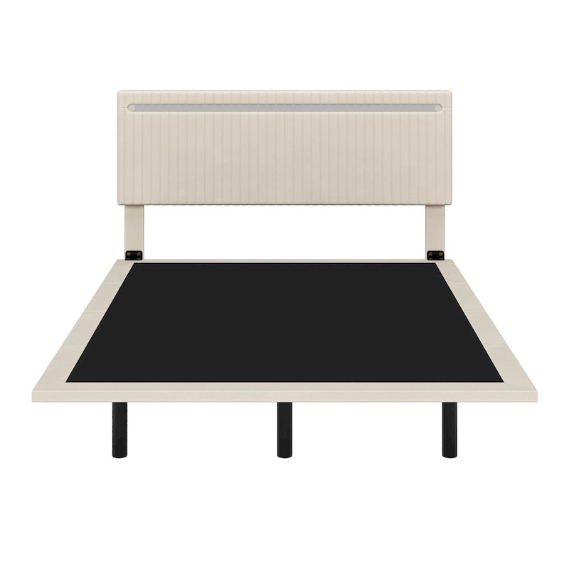 Struttura letto a piattaforma flottante Full/Queen con rivestimento in velluto e testiera trapuntata a canali