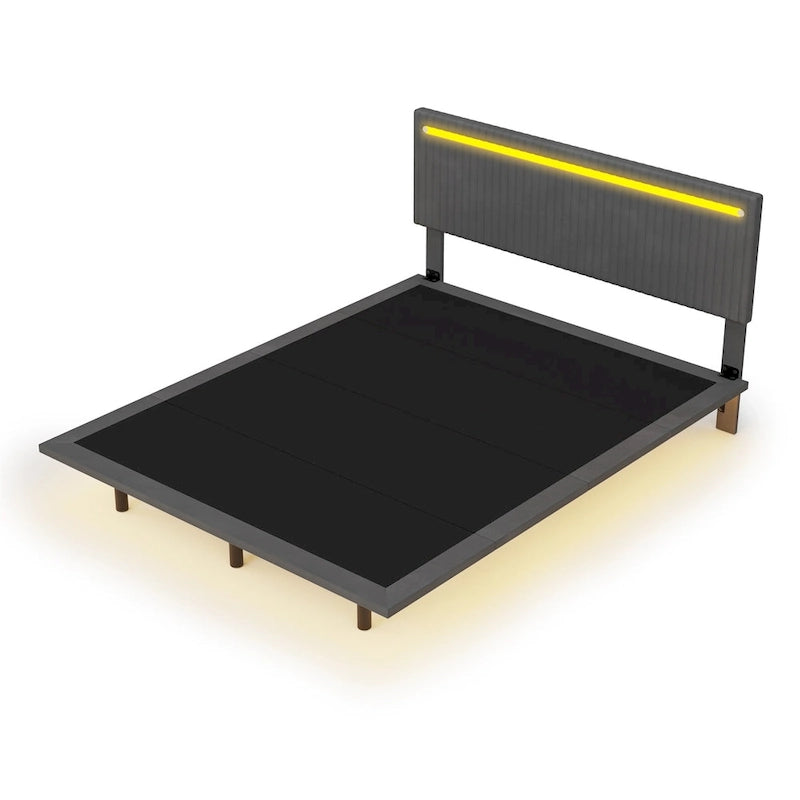 Struttura letto a piattaforma flottante Full/Queen con rivestimento in velluto e testiera trapuntata a canali