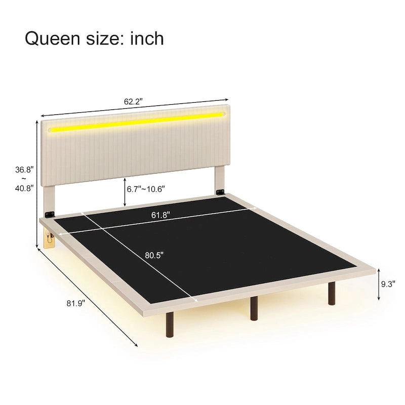 Struttura letto a piattaforma flottante Full/Queen con rivestimento in velluto e testiera trapuntata a canali
