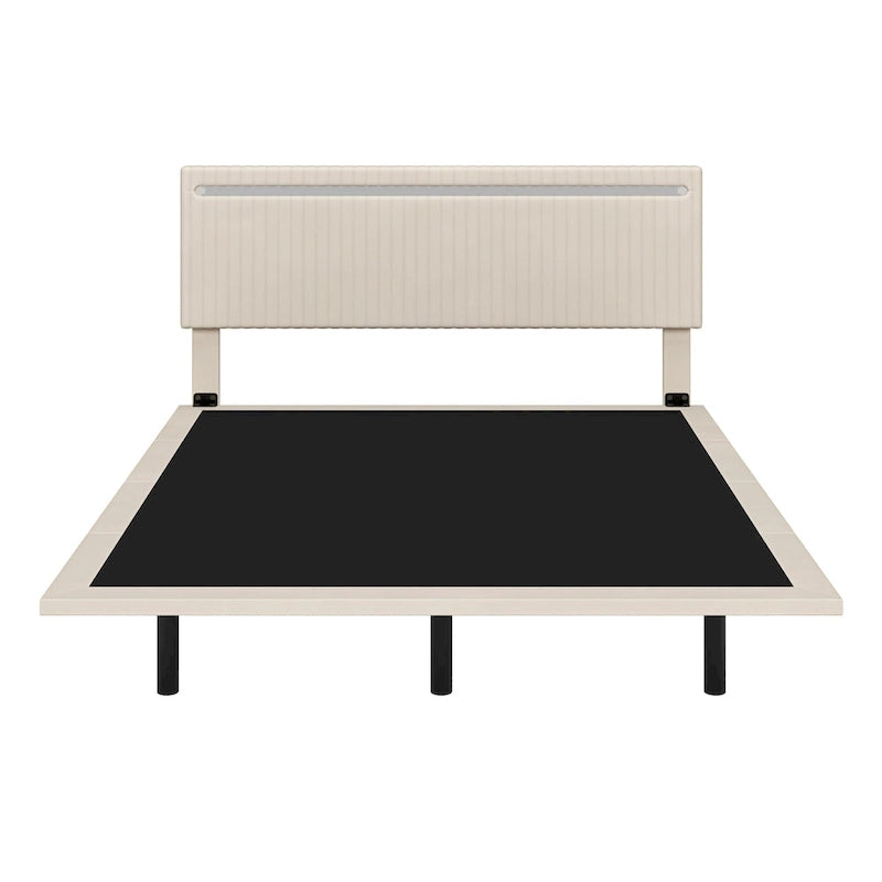 Struttura letto a piattaforma flottante Full/Queen con rivestimento in velluto e testiera trapuntata a canali