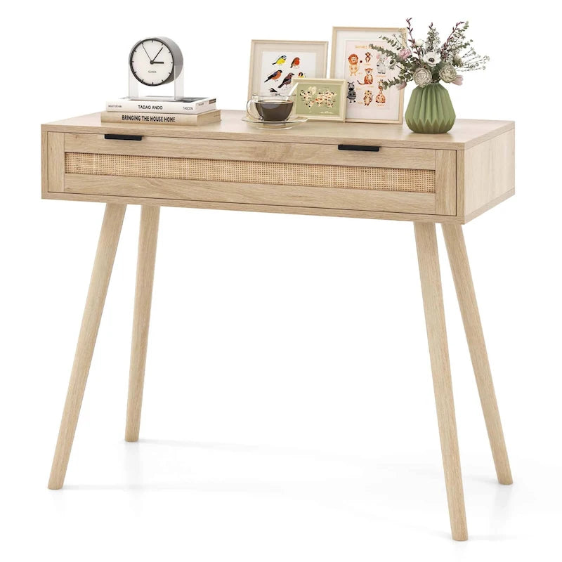 Consolle in rattan con cassetto estraibile, tavolo da ingresso in stile bohémien