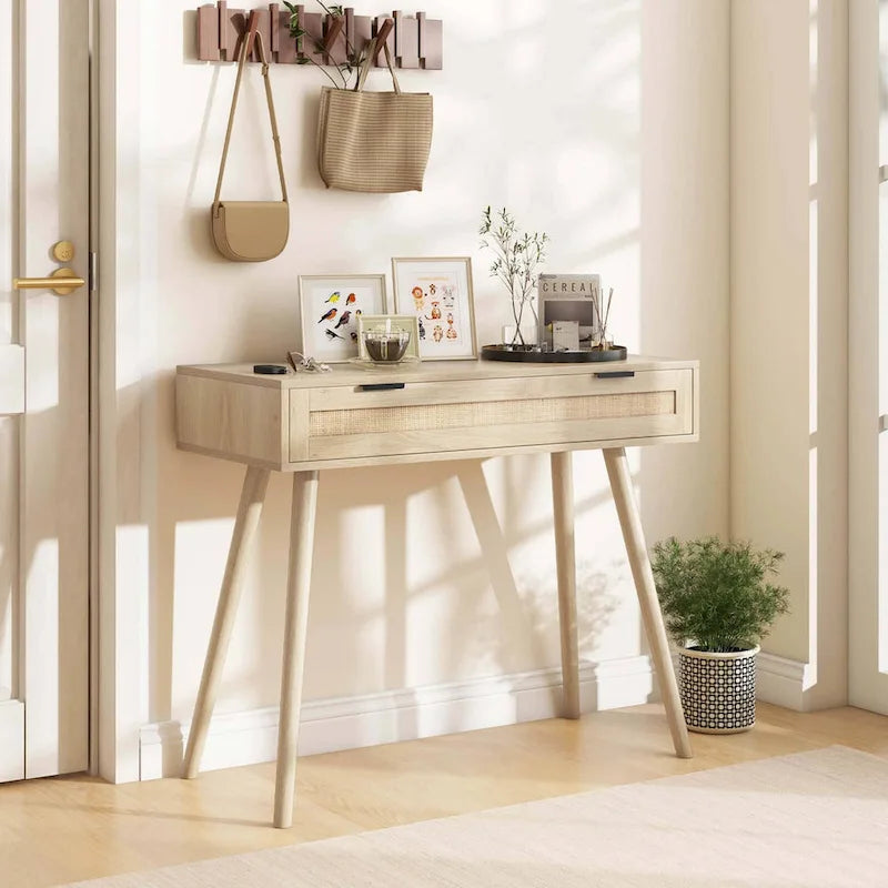 Consolle in rattan con cassetto estraibile, tavolo da ingresso in stile bohémien