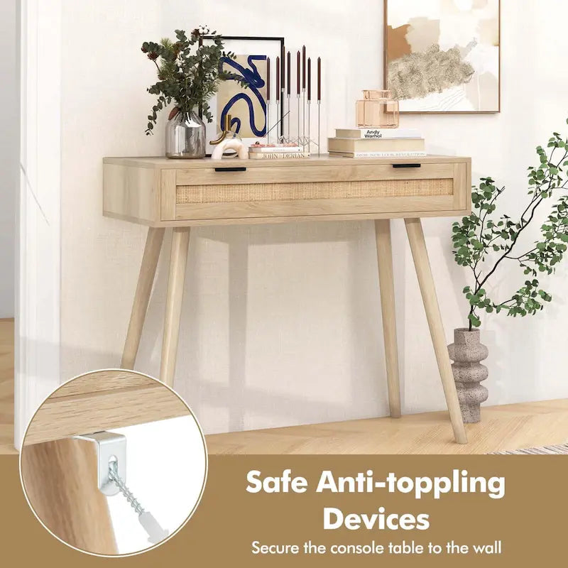Consolle in rattan con cassetto estraibile, tavolo da ingresso in stile bohémien