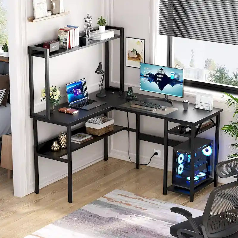 Scrivania a L con libreria, ripiani e strisce LED