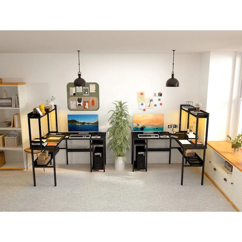 Scrivania a L con libreria, ripiani e strisce LED