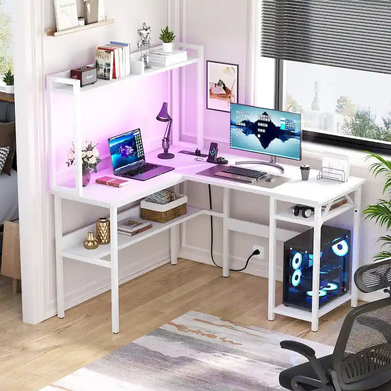 Scrivania a L con libreria, ripiani e strisce LED