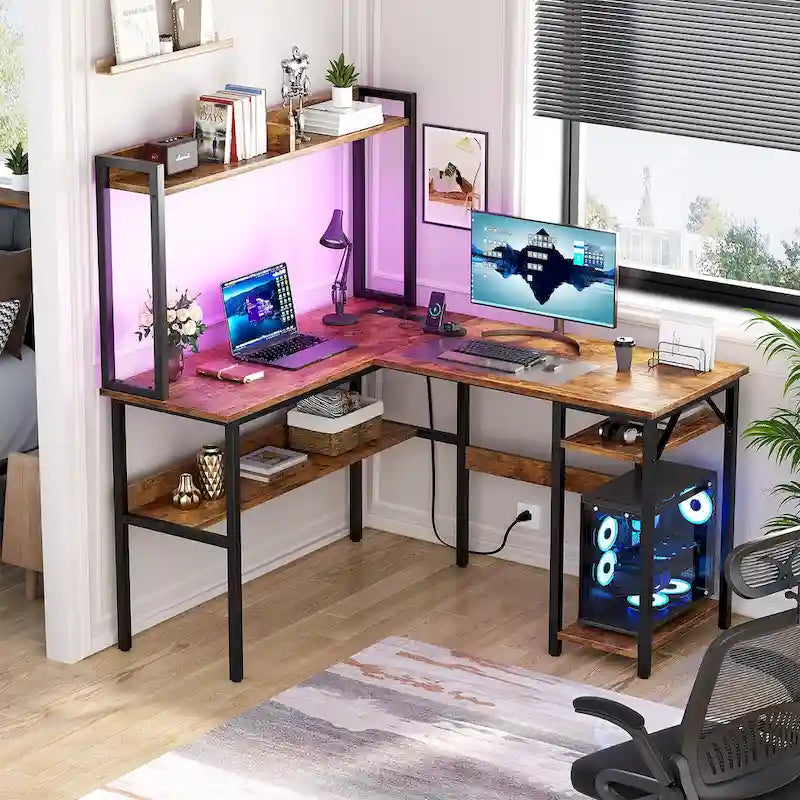 Scrivania a L con libreria, ripiani e strisce LED