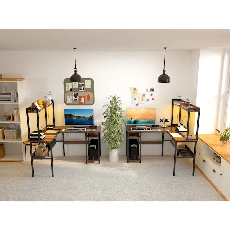 Scrivania a L con libreria, ripiani e strisce LED