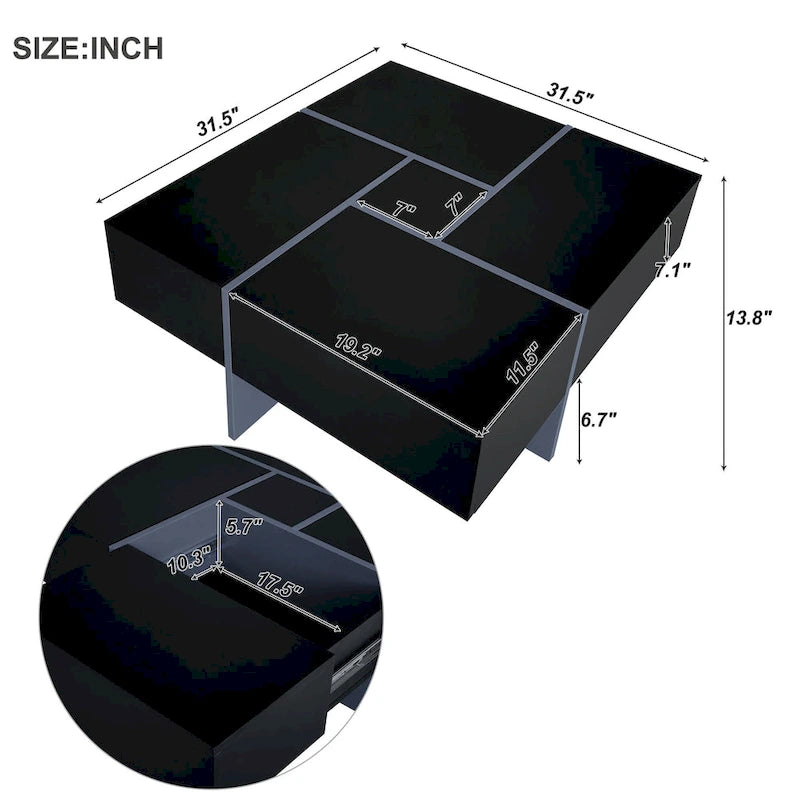 Tavolino Quadrato con Scomparti Nascosti - 80 x 80 x 35 cm