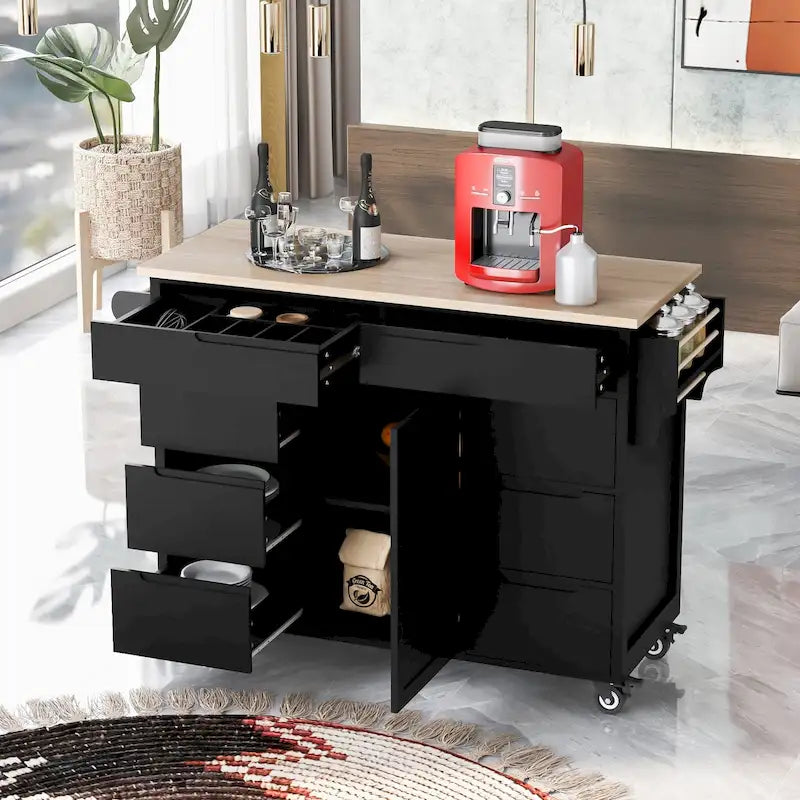 Carrello da Cucina con Piano in Legno e Ruote Bloccabili