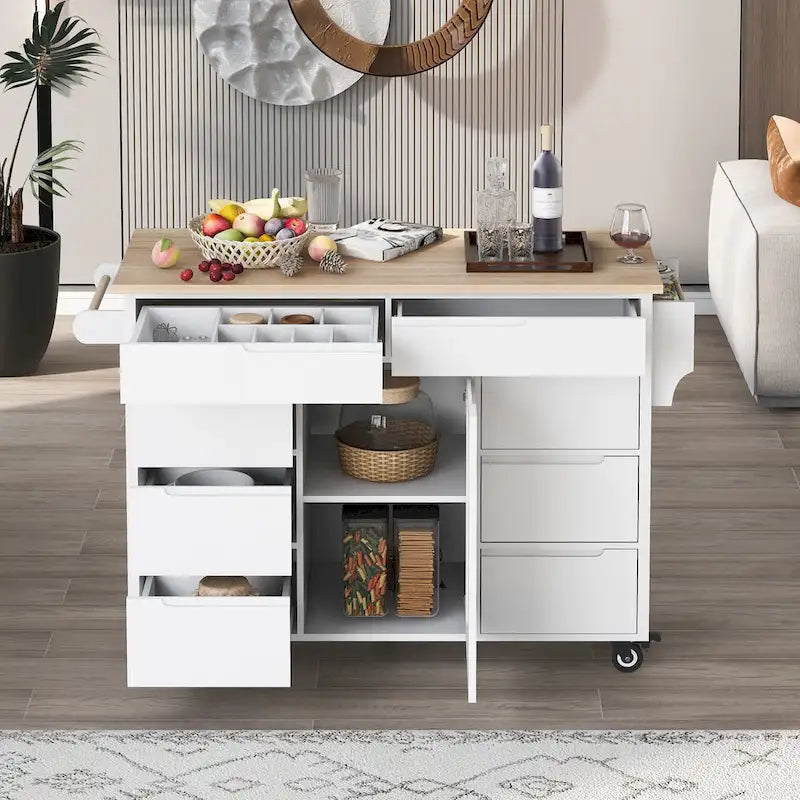 Carrello da Cucina con Piano in Legno e Ruote Bloccabili