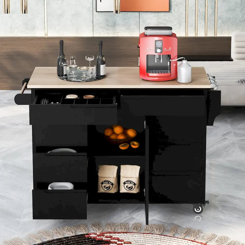 Carrello da Cucina con Piano in Legno e Ruote Bloccabili