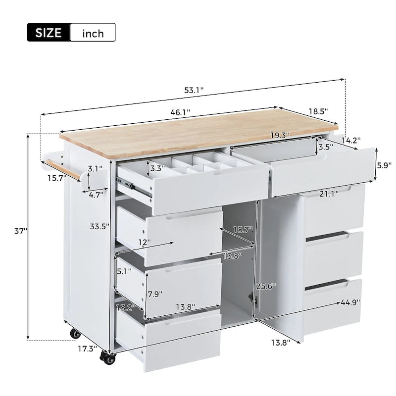 Carrello da Cucina con Piano in Legno e Ruote Bloccabili
