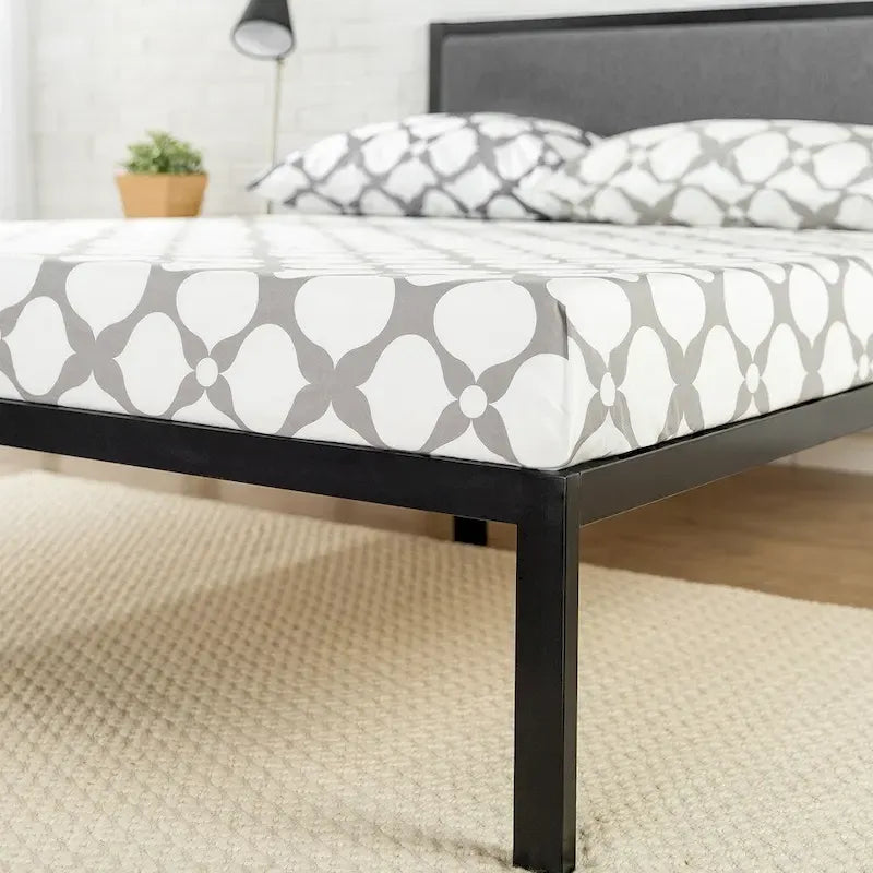 Struttura Letto a Piattaforma in Acciaio Nero con Testiera in Tessuto Grigio