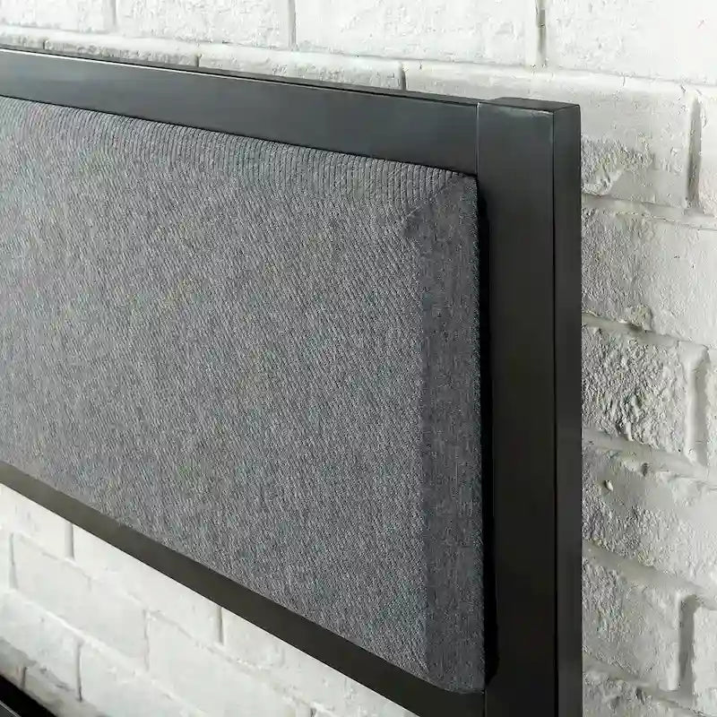 Struttura Letto a Piattaforma in Acciaio Nero con Testiera in Tessuto Grigio