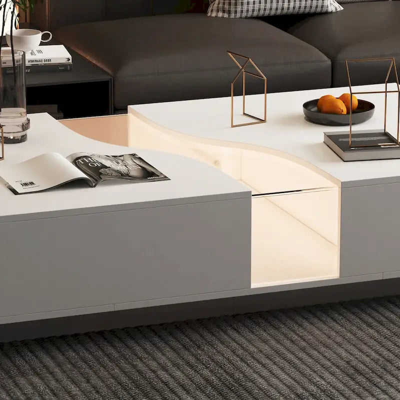 Tavolino da caffè bianco a 2 cassetti con illuminazione a LED - 140 cm L