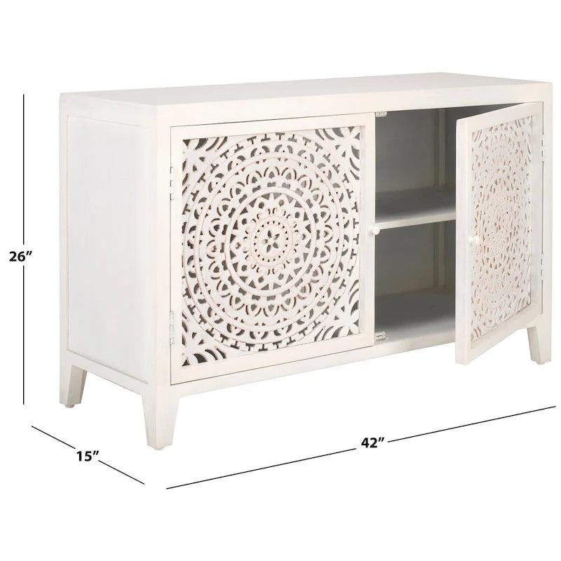 Mobile TV a 2 ripiani e 2 ante con facciata in legno intagliato - 42W x 15D x 26H pollici