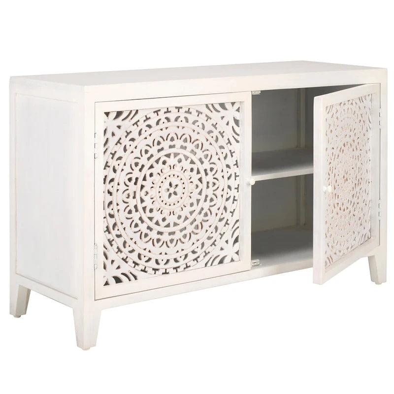 Mobile TV a 2 ripiani e 2 ante con facciata in legno intagliato - 42W x 15D x 26H pollici