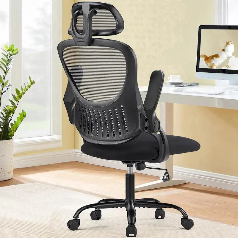 Sedia da Ufficio Ergonomica con Schienale Alto in Rete, Poggiatesta Regolabile e Braccioli Ribaltabili