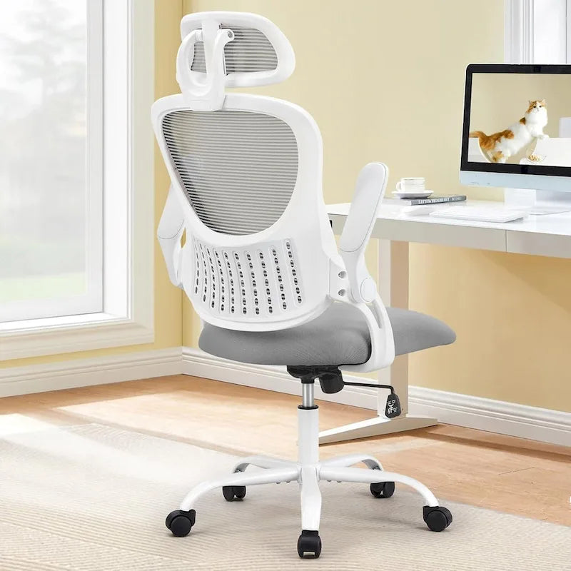 Sedia da Ufficio Ergonomica con Schienale Alto in Rete, Poggiatesta Regolabile e Braccioli Ribaltabili