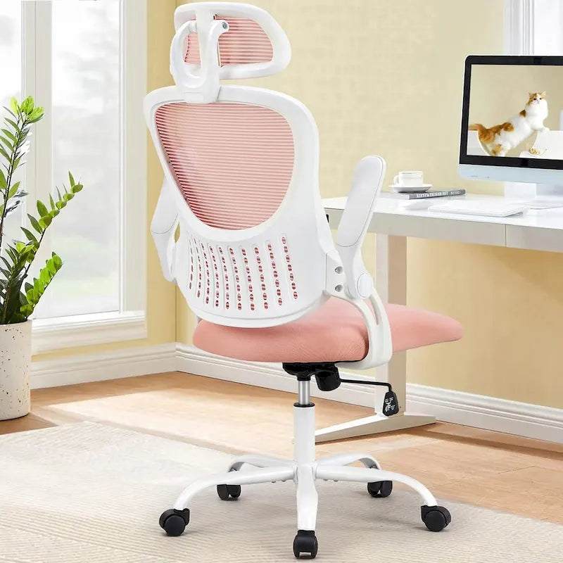 Sedia da Ufficio Ergonomica con Schienale Alto in Rete, Poggiatesta Regolabile e Braccioli Ribaltabili
