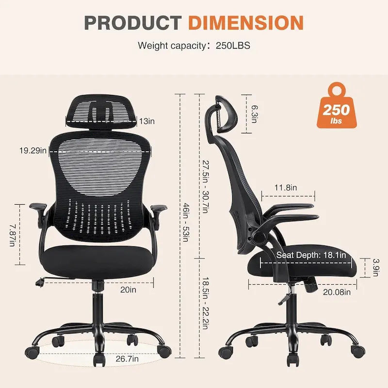 Sedia da Ufficio Ergonomica con Schienale Alto in Rete, Poggiatesta Regolabile e Braccioli Ribaltabili