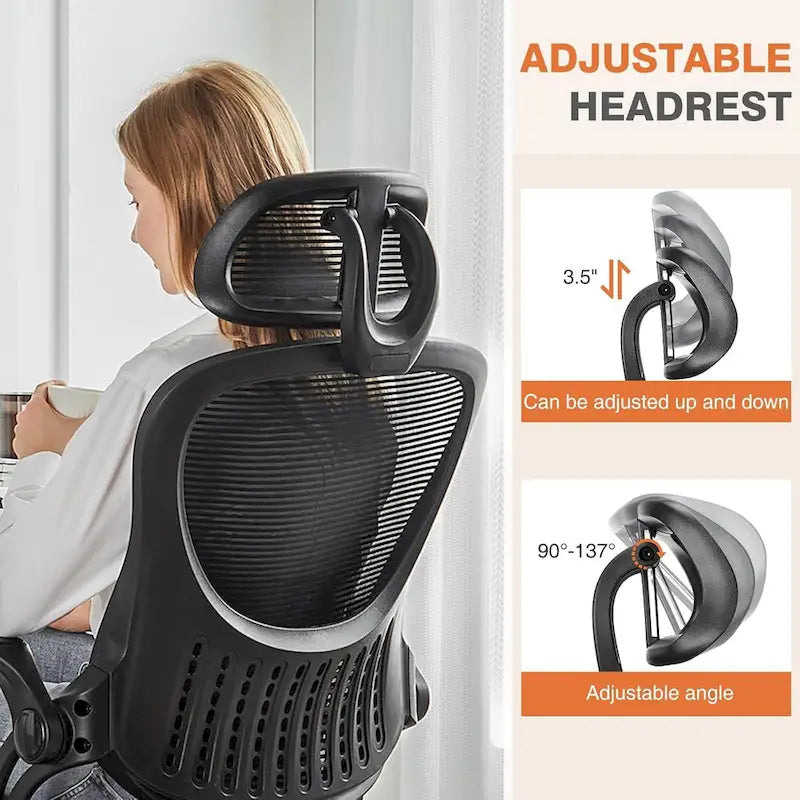 Sedia da Ufficio Ergonomica con Schienale Alto in Rete, Poggiatesta Regolabile e Braccioli Ribaltabili