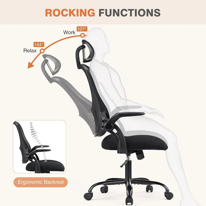 Sedia da Ufficio Ergonomica con Schienale Alto in Rete, Poggiatesta Regolabile e Braccioli Ribaltabili