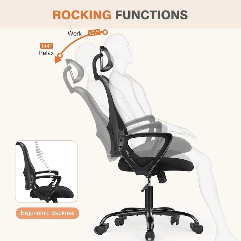 Sedia da Ufficio Ergonomica con Schienale Alto in Rete, Poggiatesta Regolabile e Braccioli Ribaltabili