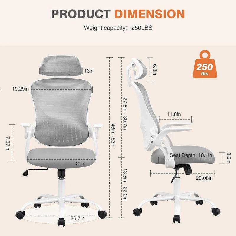 Sedia da Ufficio Ergonomica con Schienale Alto in Rete, Poggiatesta Regolabile e Braccioli Ribaltabili
