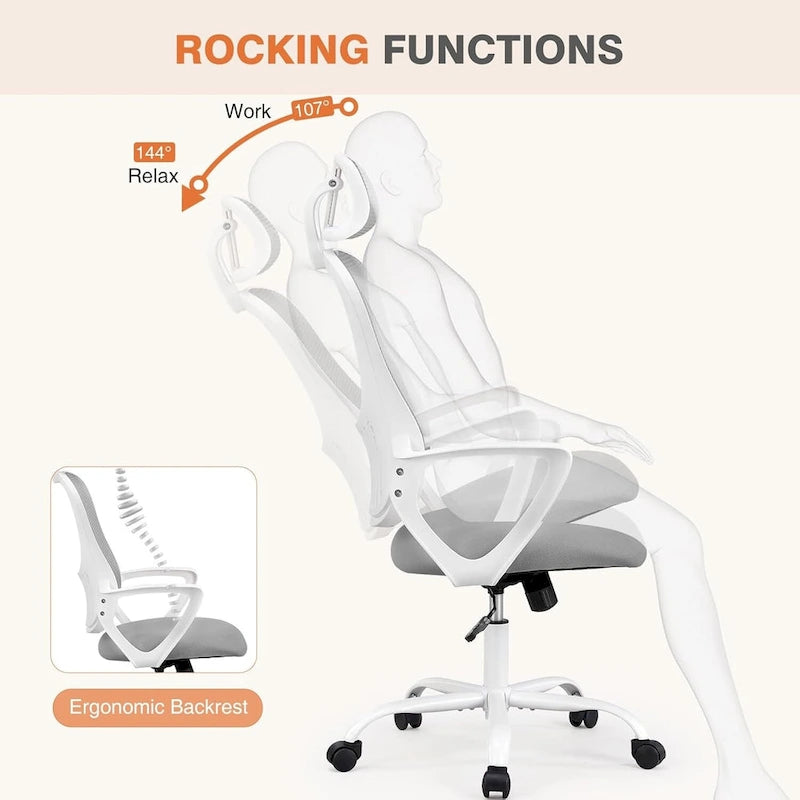 Sedia da Ufficio Ergonomica con Schienale Alto in Rete, Poggiatesta Regolabile e Braccioli Ribaltabili