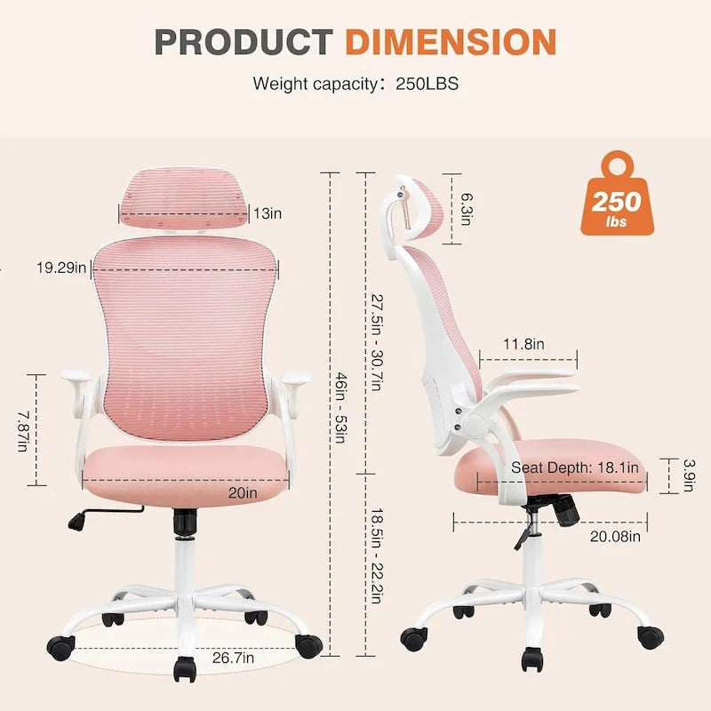 Sedia da Ufficio Ergonomica con Schienale Alto in Rete, Poggiatesta Regolabile e Braccioli Ribaltabili