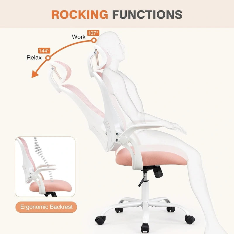 Sedia da Ufficio Ergonomica con Schienale Alto in Rete, Poggiatesta Regolabile e Braccioli Ribaltabili