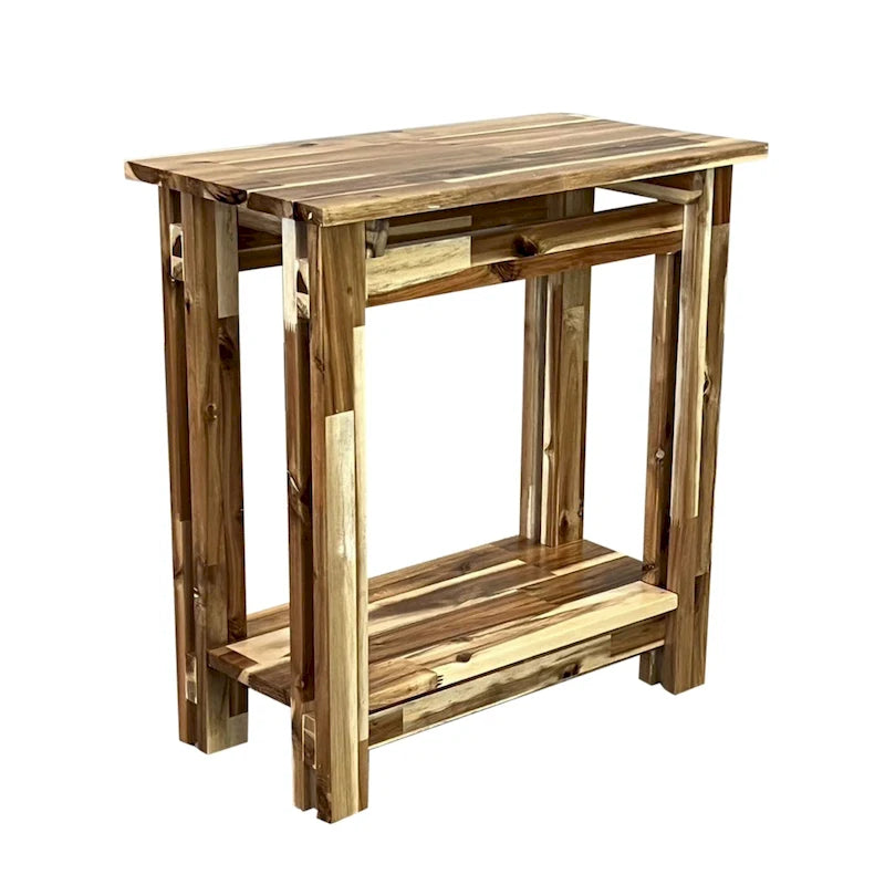 Tavolino da Divano Stretto in Legno Massello di Acacia con Ripiano Inferiore