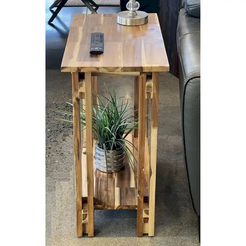 Tavolino da Divano Stretto in Legno Massello di Acacia con Ripiano Inferiore