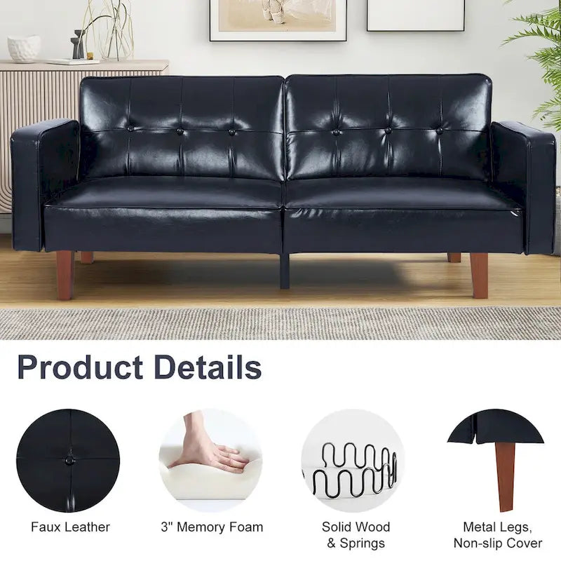 Divano Letto Futon Convertibile con Memory Foam – Schienale Regolabile, Similpelle, 173 cm
