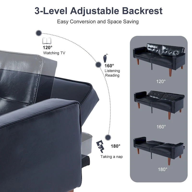 Divano Letto Futon Convertibile con Memory Foam – Schienale Regolabile, Similpelle, 173 cm