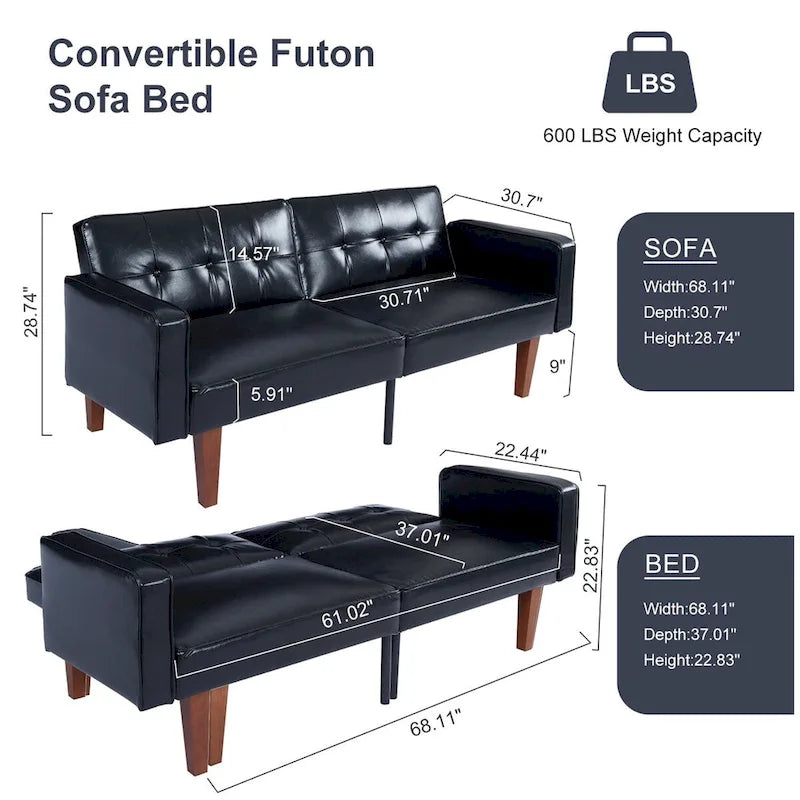 Divano Letto Futon Convertibile con Memory Foam – Schienale Regolabile, Similpelle, 173 cm
