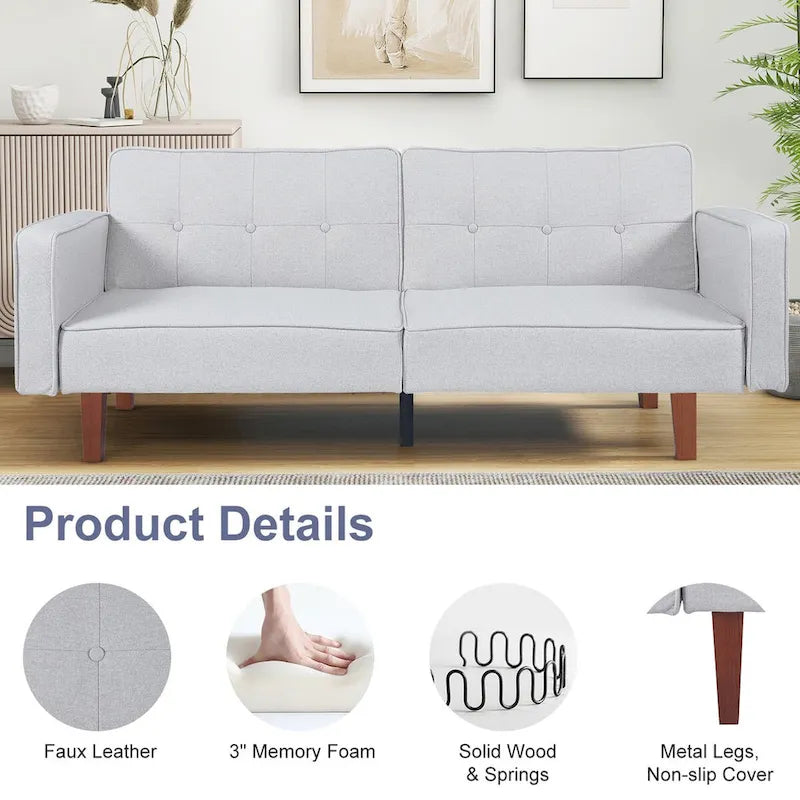 Divano Letto Futon Convertibile con Memory Foam – Schienale Regolabile, Similpelle, 173 cm
