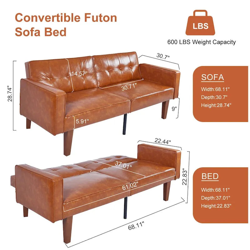 Divano Letto Futon Convertibile con Memory Foam – Schienale Regolabile, Similpelle, 173 cm